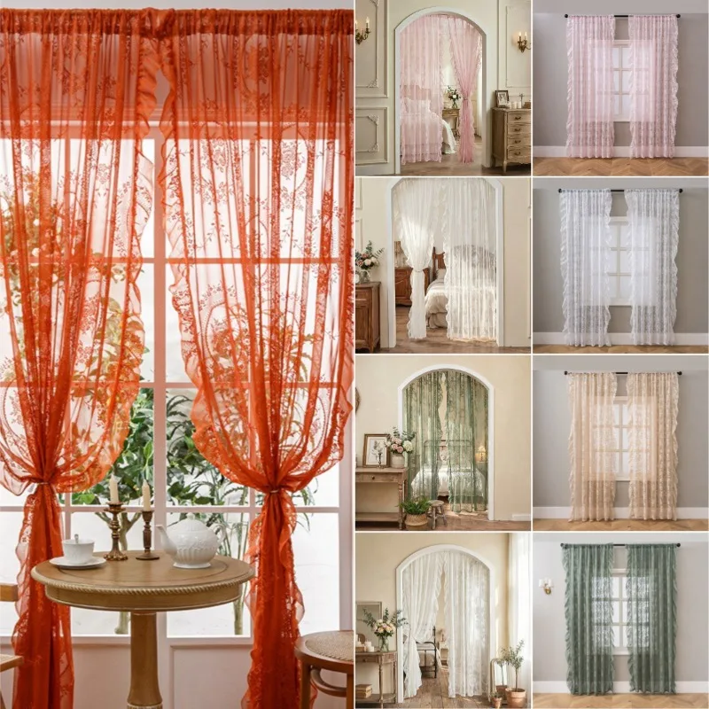 2 Panel Romantic Ruffled Edge French Lace Floral Curtain Rustic Embroidered Lace Sheer Curtain Retro Gauze Curtain Bedroom