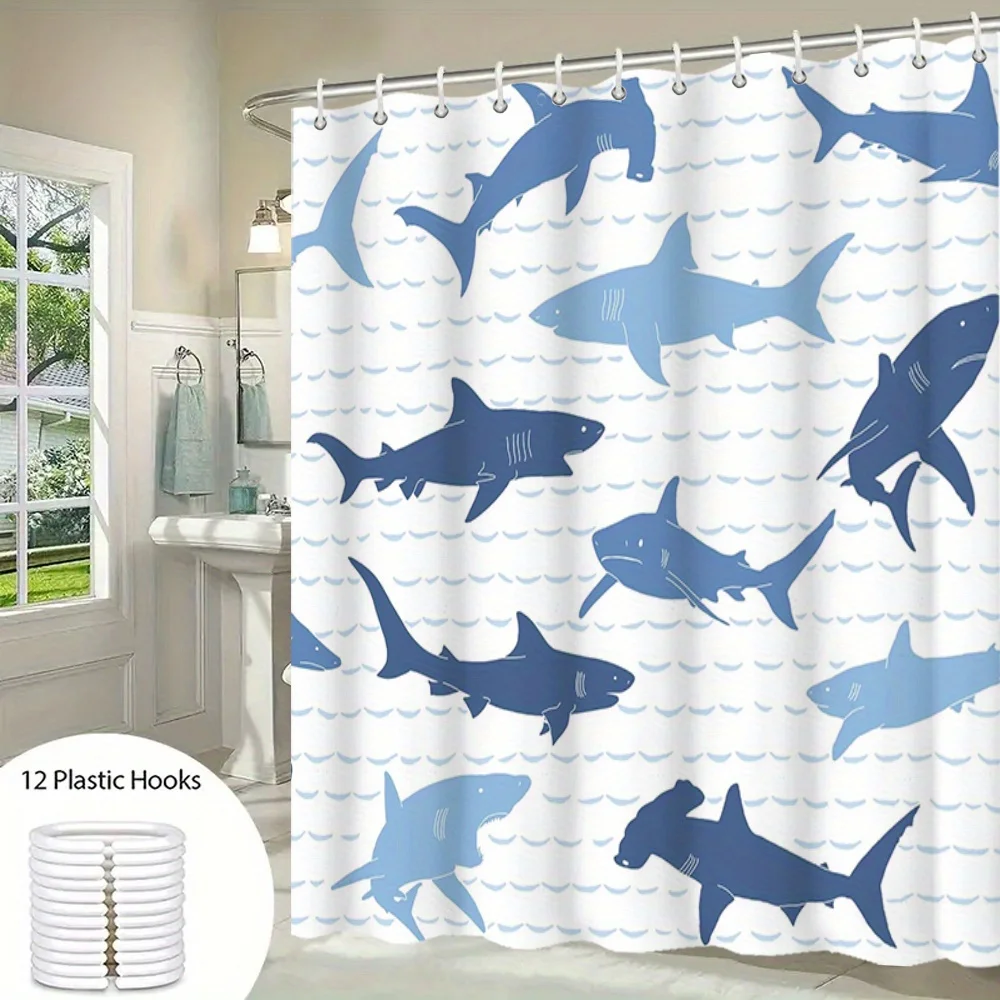 Striped Ocean Shark s' Print Shower Curtain, Material Decorative Bath Screen, Bathroom Divider, Bathroom Accessory