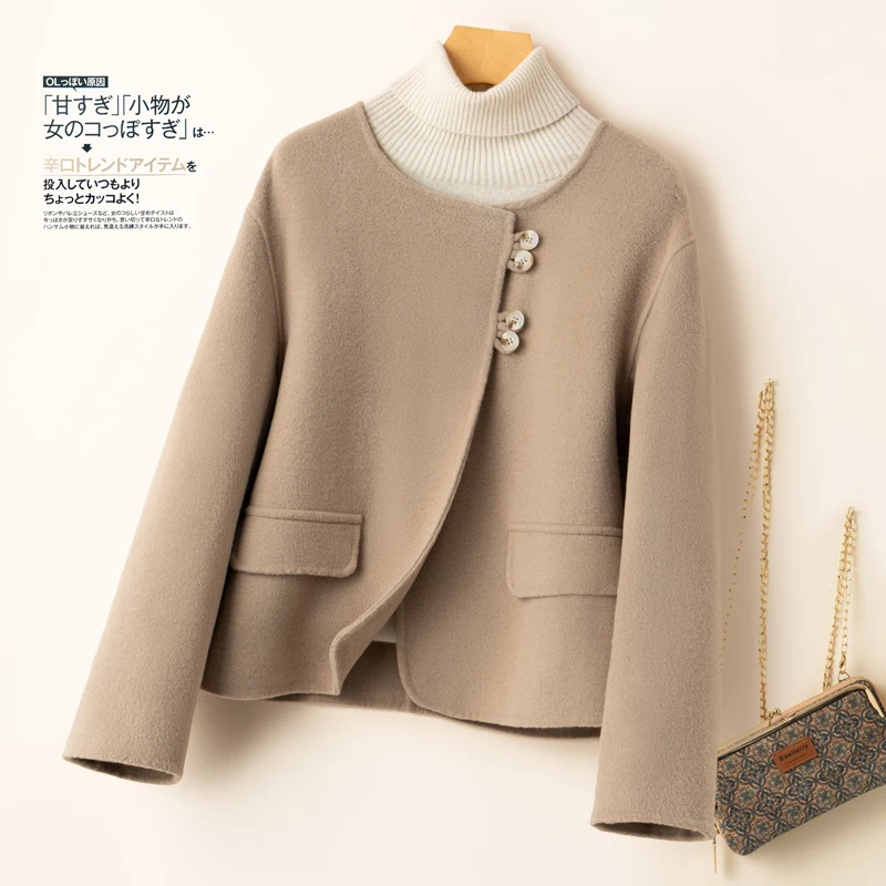 Autumn Winter New Korean Double-sided Wool Coat Short Coat 100% Wool Women\'s Round Neck Cardigan Thick Warm Tops Solid Color