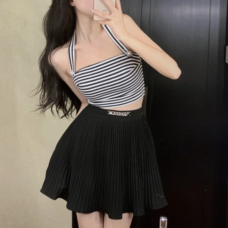 Fashionable Striped Neck Hanging Strap Vest And Short Skirt Two-Piece Set for Women Summer 2024 New Style Trendy  Skirt