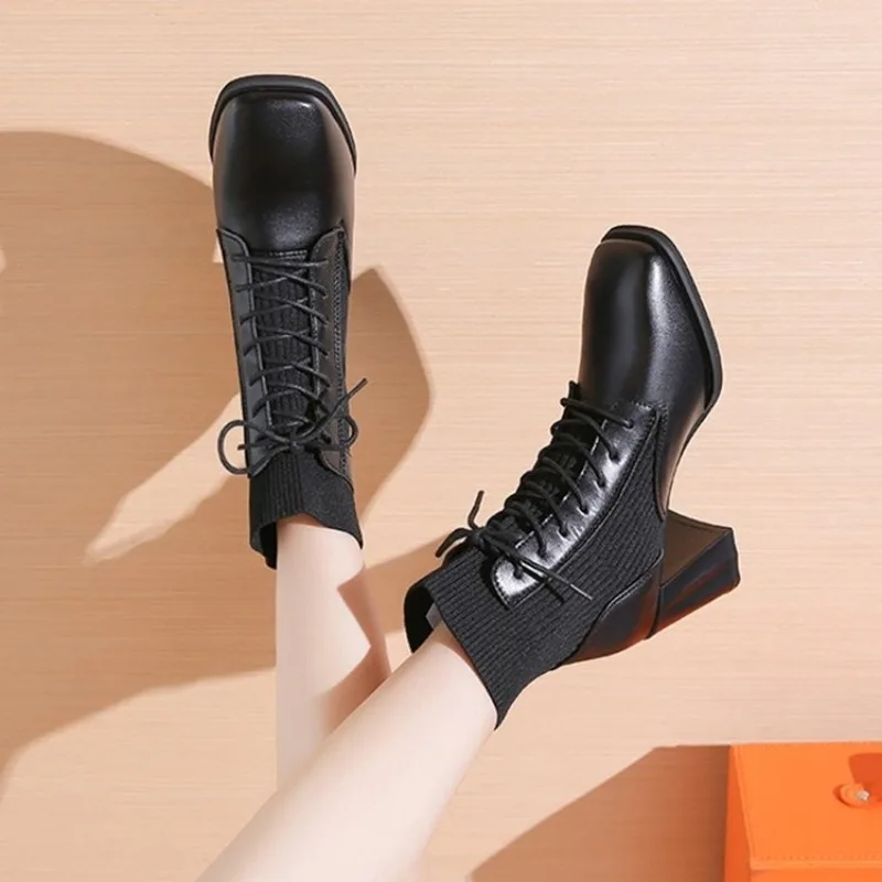 Square Toe Autumn Winter 2024New Fashion Stitching Knitted Elastic Stockings Women's Boots High-heeled Short Boots