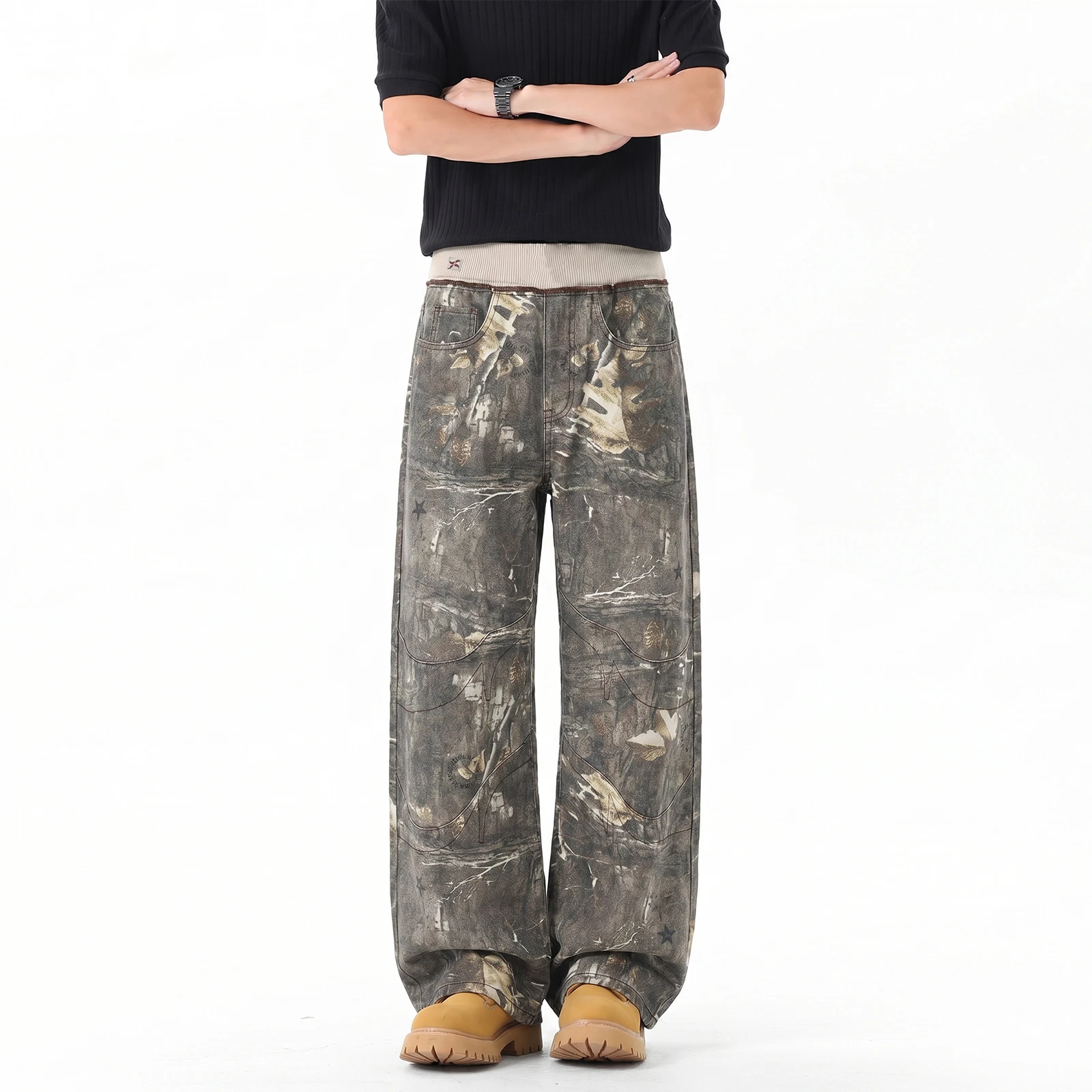High Street Men's Baggy Embroidered Camouflage Jeans American Style Vintage Washed Widel Eg Casual Denim Trousers 9X3656