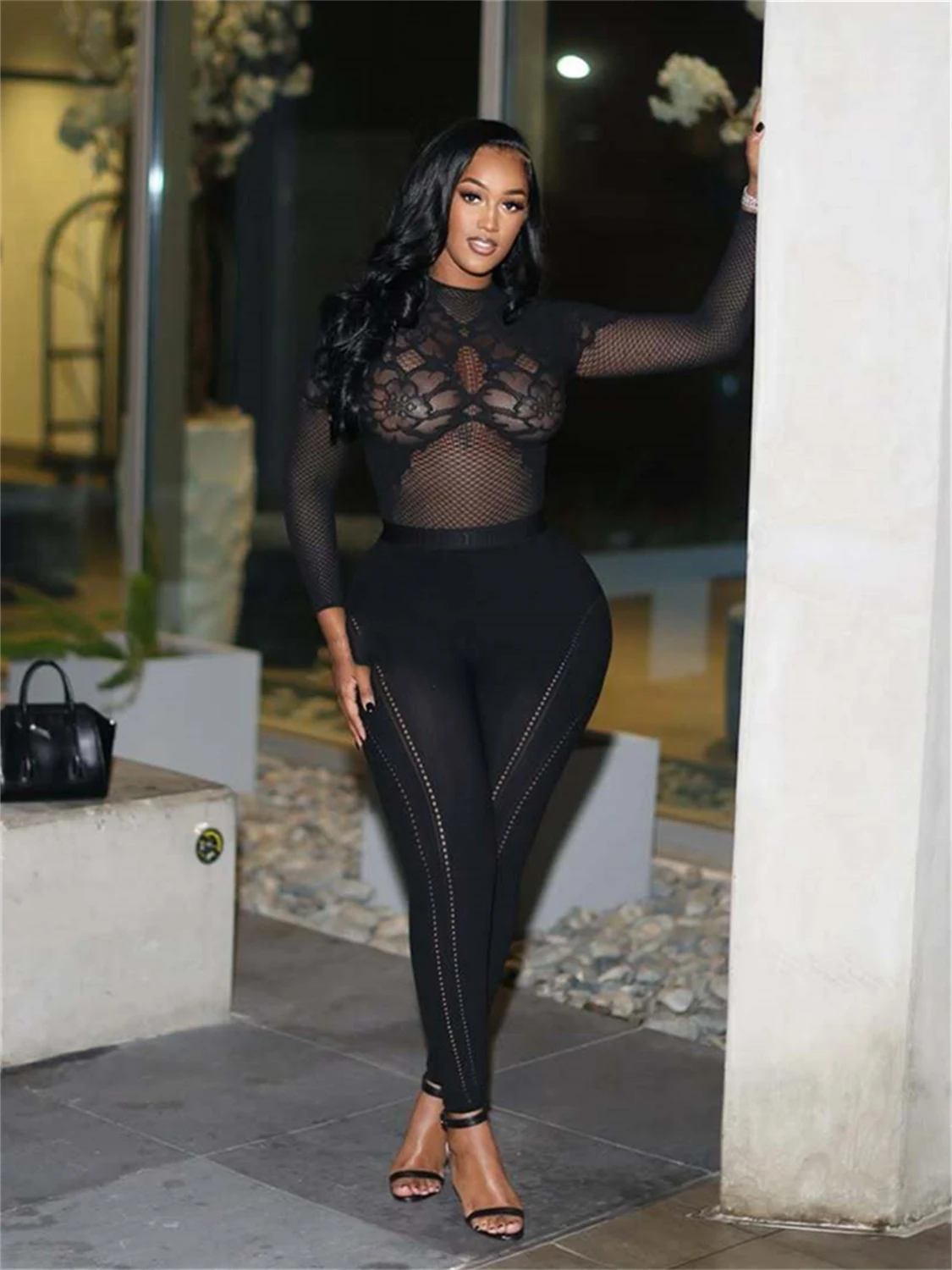 

Whatiwear Sexy 2 Piece Set Women Wild See Through Jacquard Mesh Full Sleeve Crop Top+Line Print Pants Stretch Club Streetwear