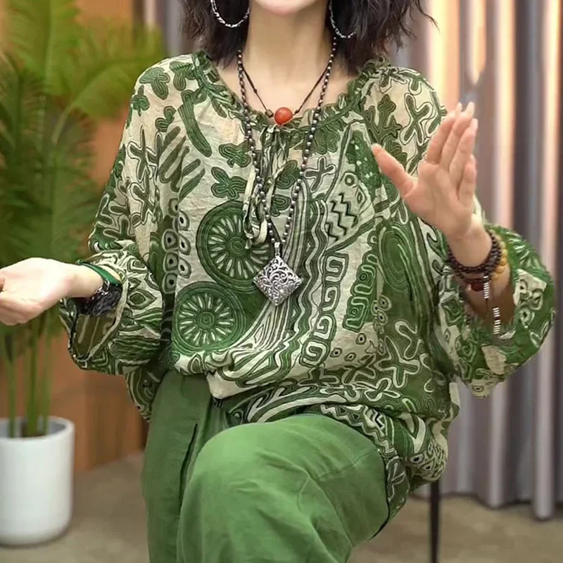 Summer New Retro Style Print Pullover Tops Women's Clothing Round Neck Lacing Loose-fitting Green Long Sleeve T-Shirt XQ783