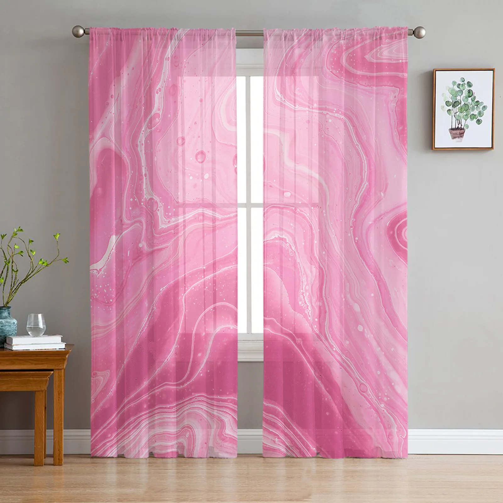 Marble Textured Fluid Pigment Pink Sheer Curtains for Living Room Decoration Window Curtains Kitchen Tulle Voile Curtains