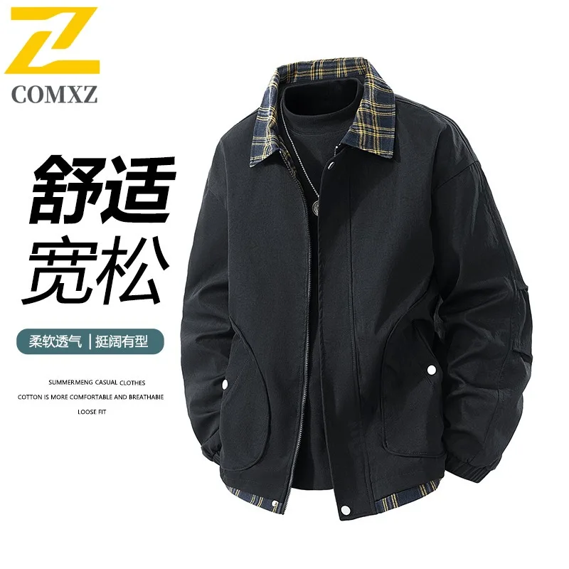 

COMXZ 2025, осенняя новая молодежная повседневная мужская куртка в гонконгском стиле, новая модная мужская куртка в клетку с отложным воротником, пальто 7757