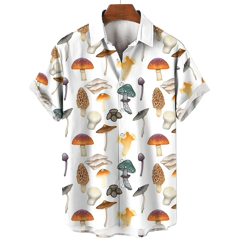 

3D fantasy mushroom print short-sleeved shirt 2023 new men's casual turn-down collar print short-sleeved shirt.