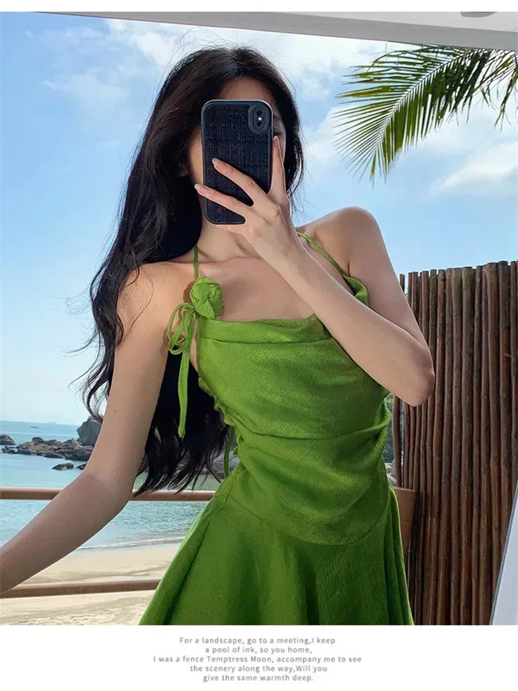 Hotsweet Y2k Girl Women Halter Short Green Mini Dress Summer Fashion Backless Irregular Strap Dress Holiday Beach Short Skirt