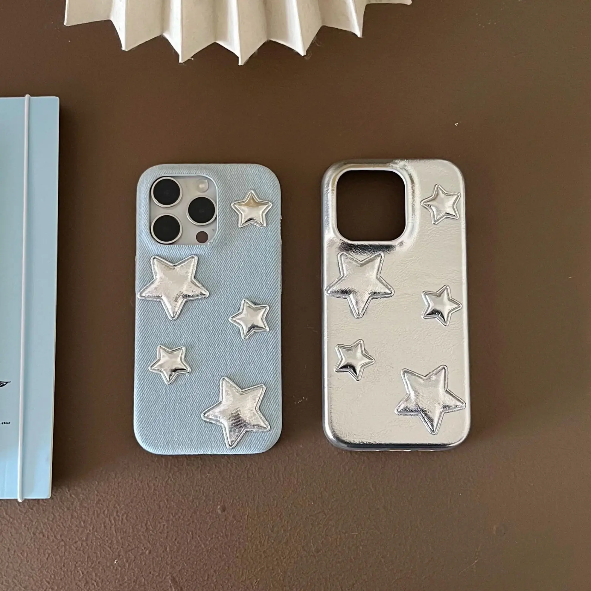 Koreanische INS Blue Denim & Silber Kunstleder Silver Star Handyhülle für iPhone 17 16 15 14 13 Pro Max Rückseite Handyhülle Capa