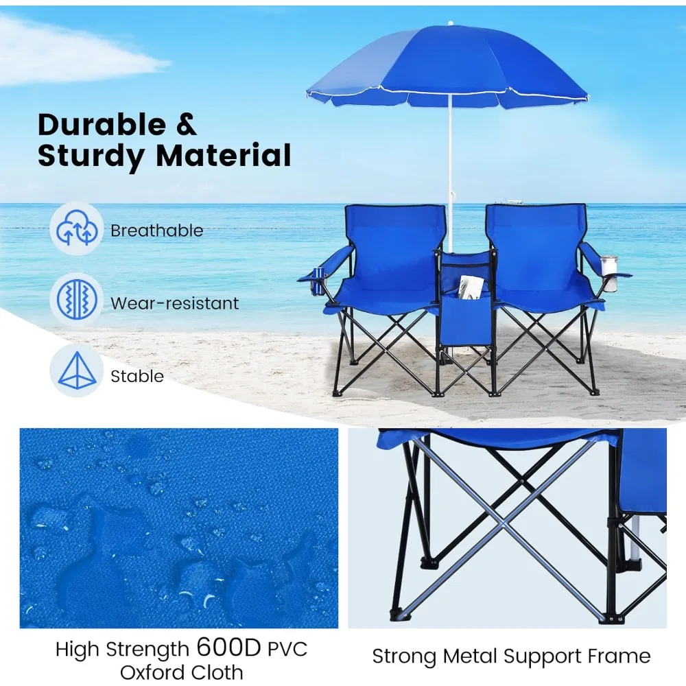 Double Camping Chair, Folding Camp Chair with Removable Umbrella, Cup Holders, Cooler Bag, Side Pocket & Carry Bag, 2-Person