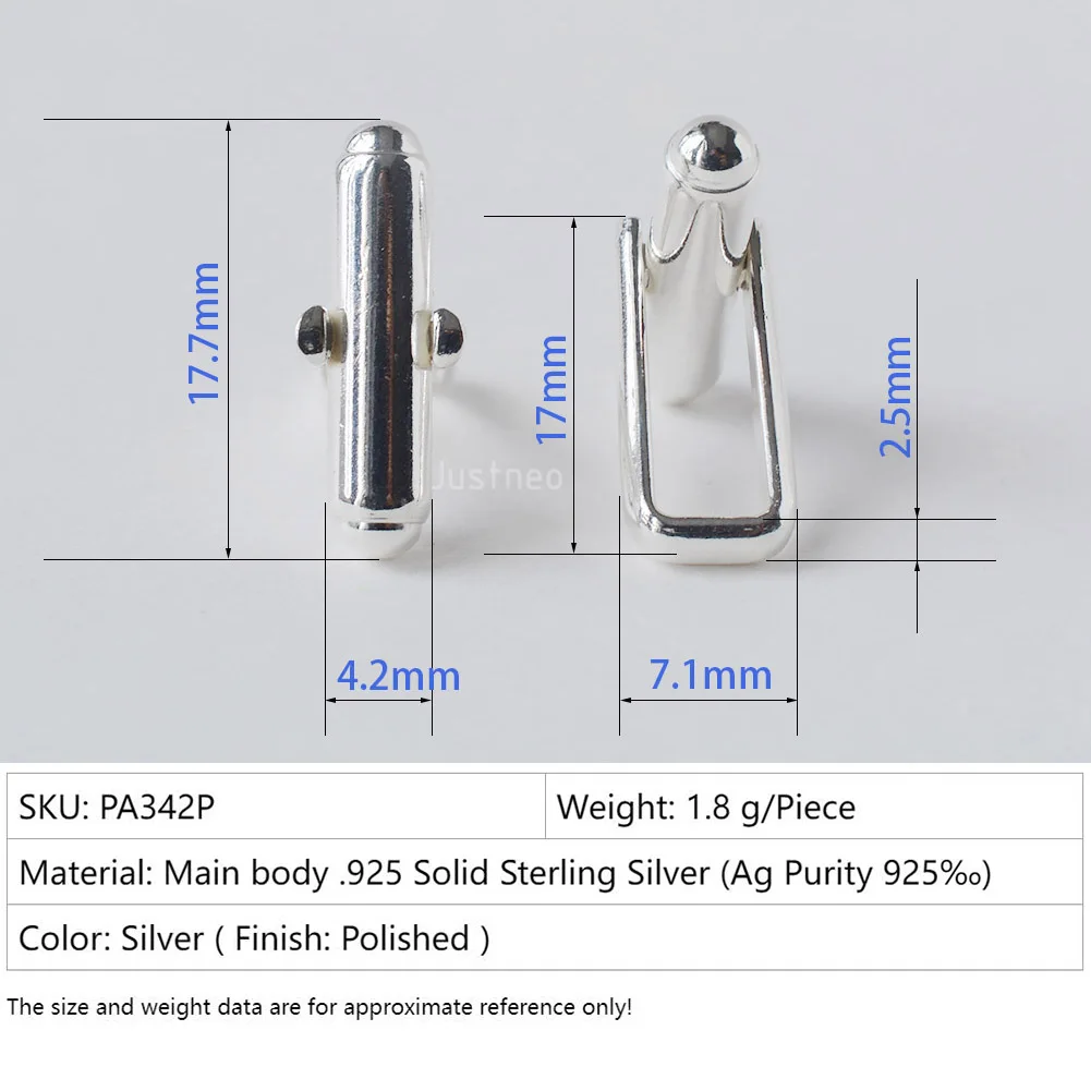 Solid 925 Sterling Silver Cufflink Fitting Base Round Bar with U Arm Assembled, DIY components