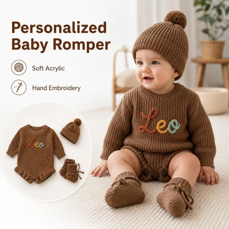 Personalized Baby Knit Romper Custom Embroidered Name Khaki Warm Long Sleeve Infant Bodysuit Unisex Newborn Baby Clothing Gifts