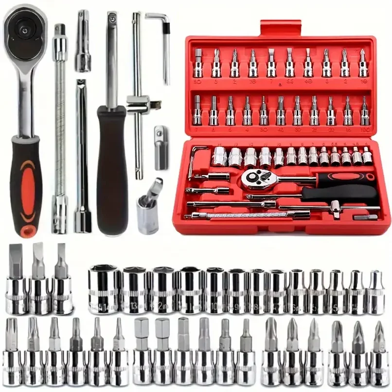 46-piece set 1/4 ratchet wrench with hexagonal sleeve wrench set Automobile repair tool complete set Quick tool Quick repair