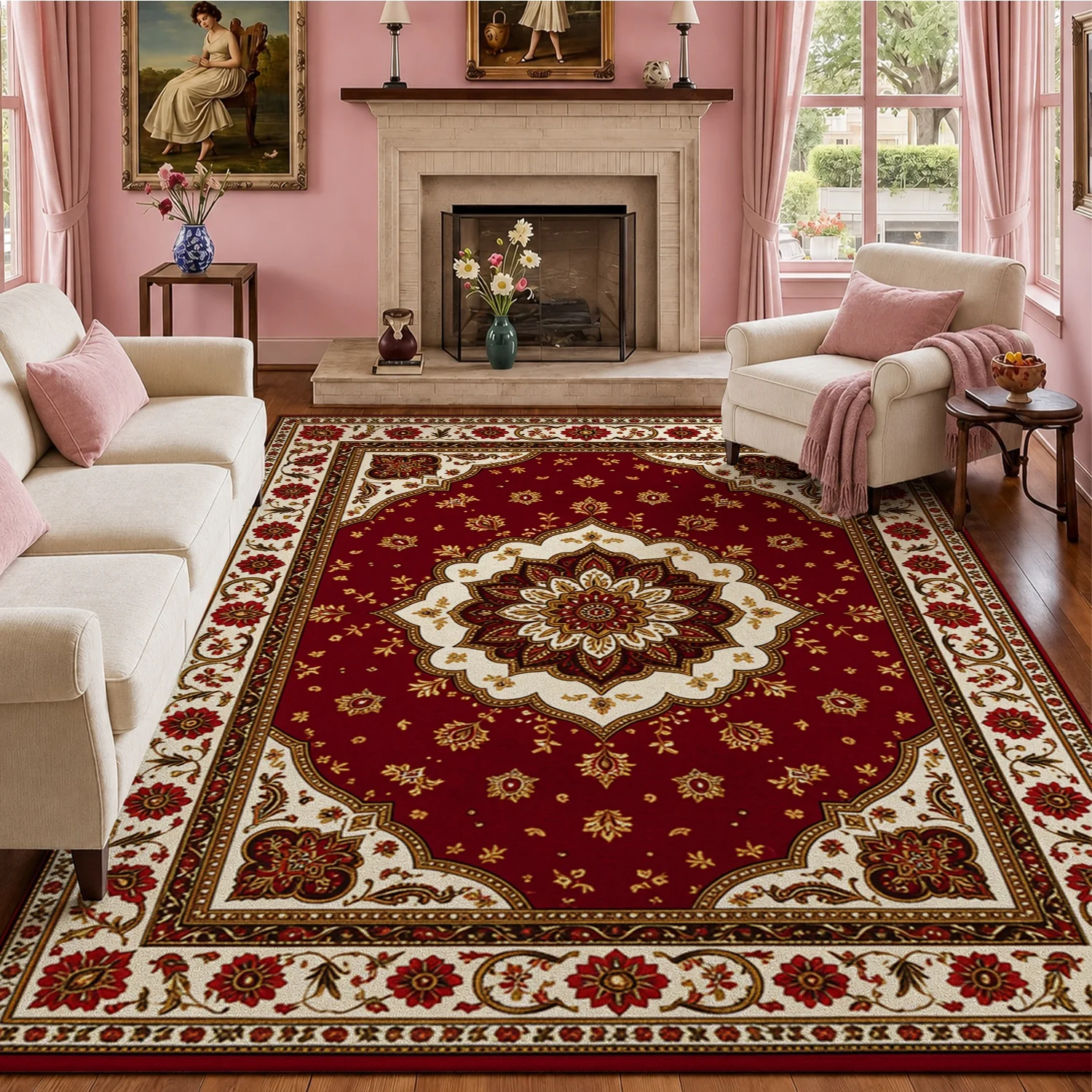 High Quality Traditional Red Gold Floral Medallion Area Rug Velvet Machine Washable Soft Floor Rug for Living Room Bedroom Dining Room Entryway Halloween Thanksgiving Christmas New Year Black Friday Cyber Monday