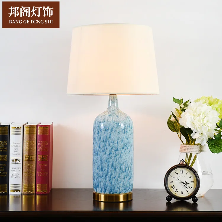 Modern American style study, living room, bedroom, ceramic table lamp, fashionable and simple LED light source, fabric lampshade