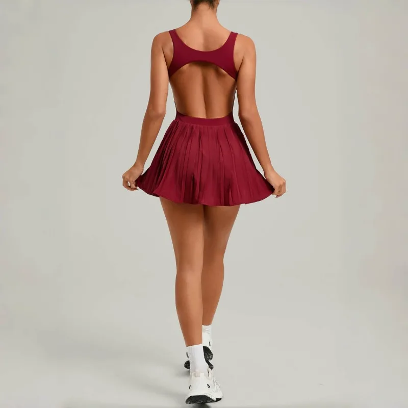 

Women's Yoga Clothes Slim Fit Backless Anti Glare Pleated Quick Drying Sports Dress Outdoor Casual Fitness Clothes