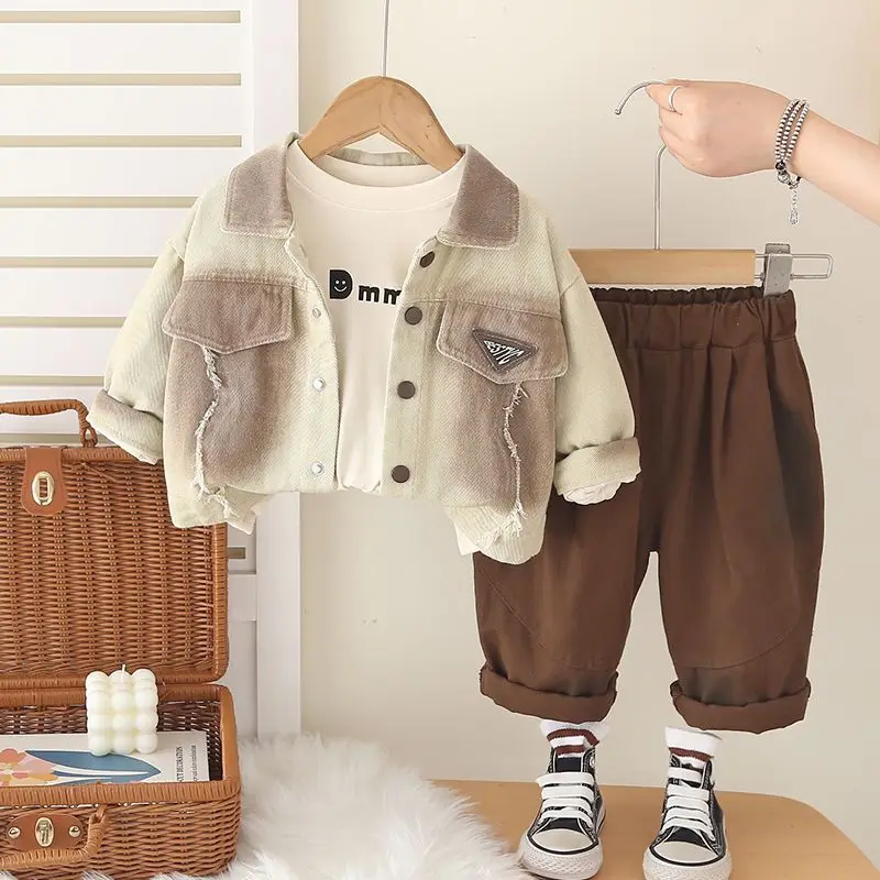 

Boys' Spring and Autumn Set Fashion New Style Children's Baby Casual Coat+T-shirt+Pants 3-Piece Set