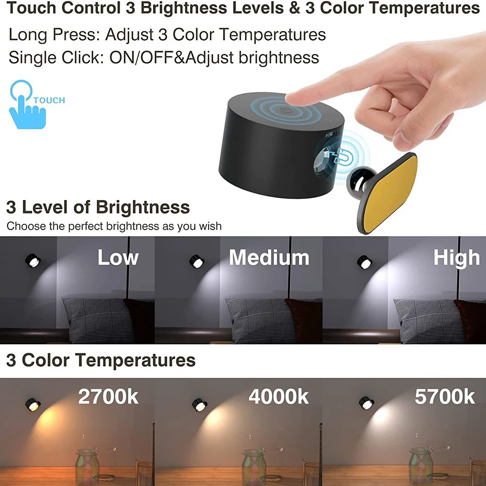 USB 충전식 LED 벽 조명 터치 무선 벽걸이 스콘스 조명, 360 ° 마그네틱 볼 회전 침실 독서등