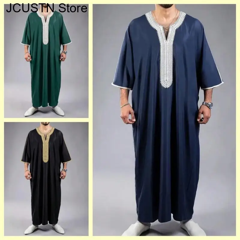 

Summer 2026 Kaftan Muslim Men's Short Sleeve Embroidered Loose Casual Robe Breathable Islamic Abaya for Men