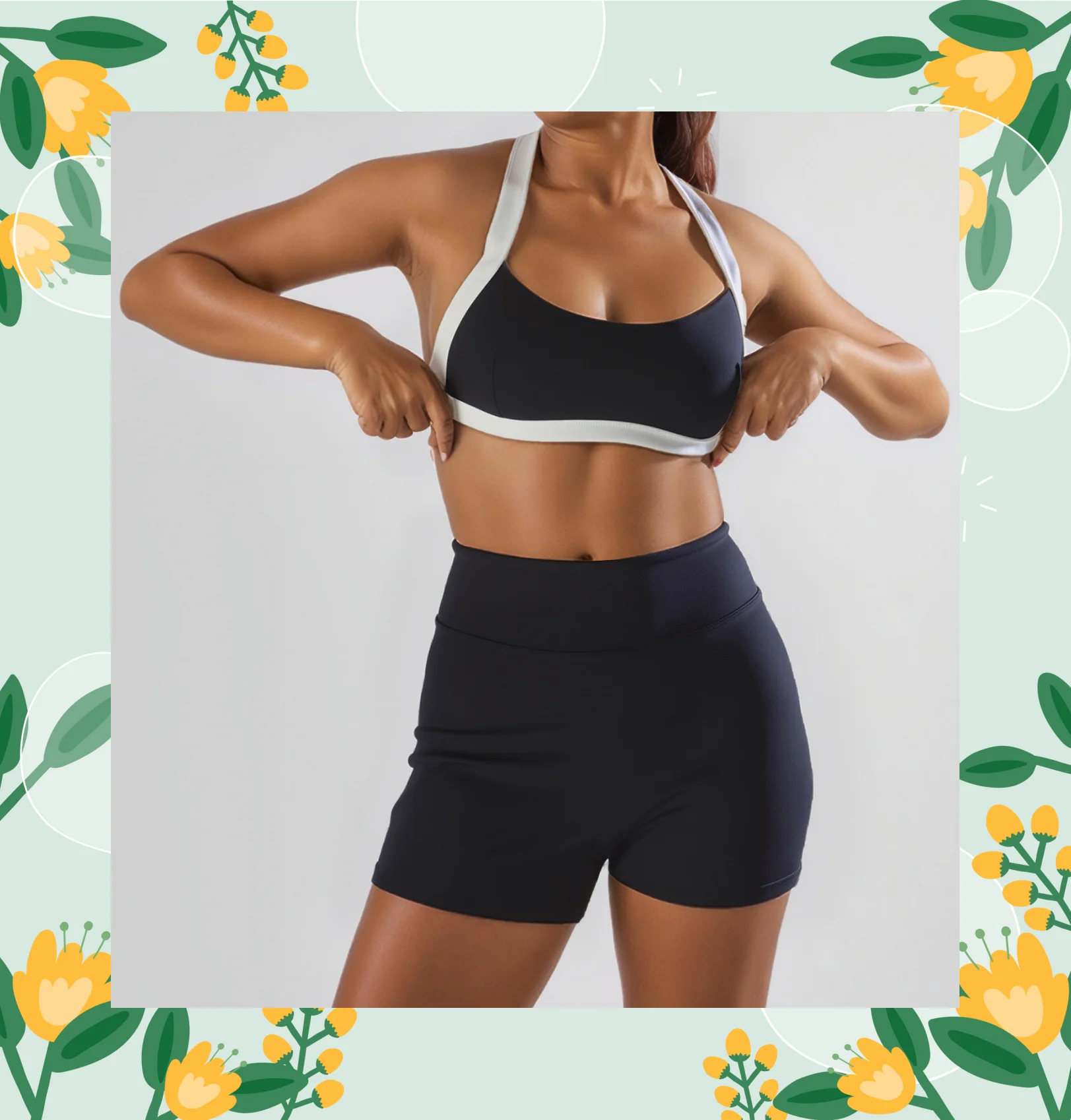 

Ladies' gym sportswear, yoga wear, black and white splicing design, fashionable off-shoulder top, high-waisted breathable shorts