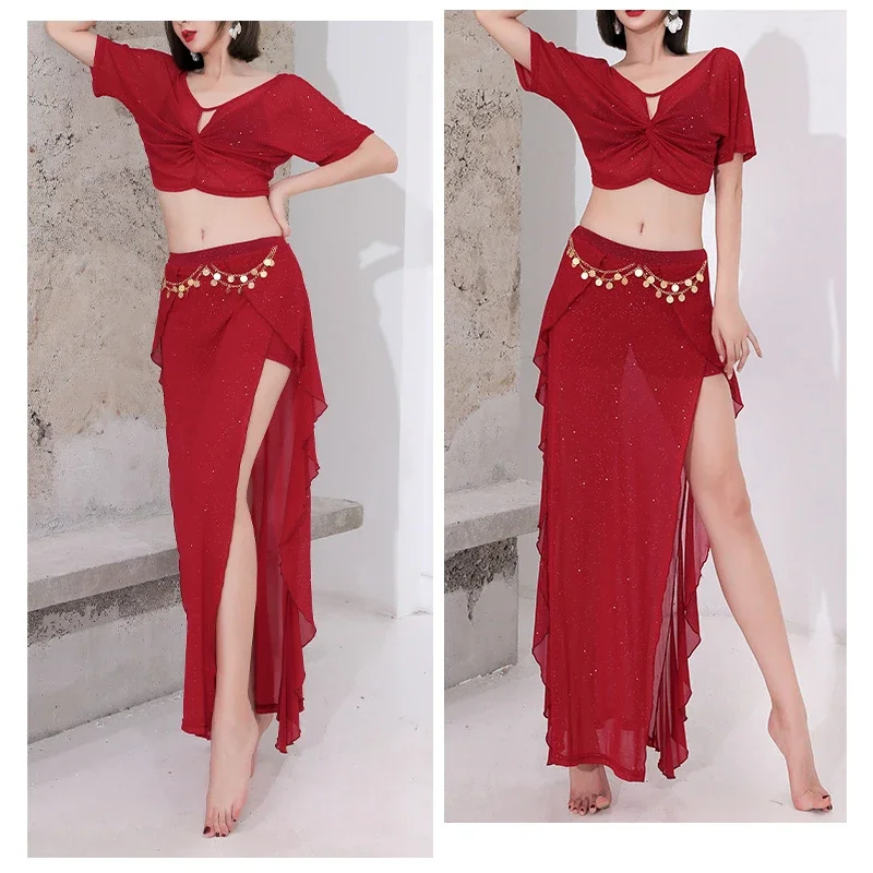 Conjunto de fantasia de dança do ventre brilhante para adultos, 2 peças, tops com saia, feminino, dança do ventre oriental, performance de palco, roupa de dança do ventre