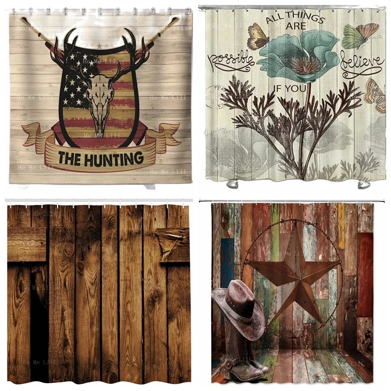 Farmland Vertical Striped Old Timber Western Rodeo Cowboy Hat Deer Hunting Village Art Teal Brown Tulip Flower Shower Curtain