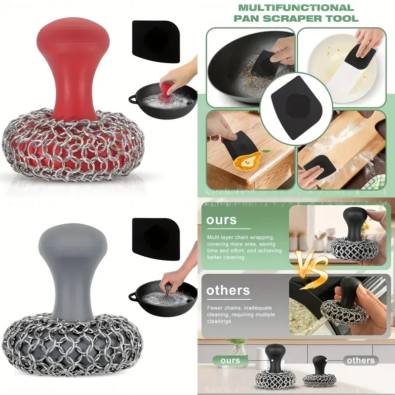2pcs Cast Iron Chainmail Scrubber Stainless Steel Pot Pan Cleaner Kitchen Cookware Sponge Accessory for Skillets Black Grey