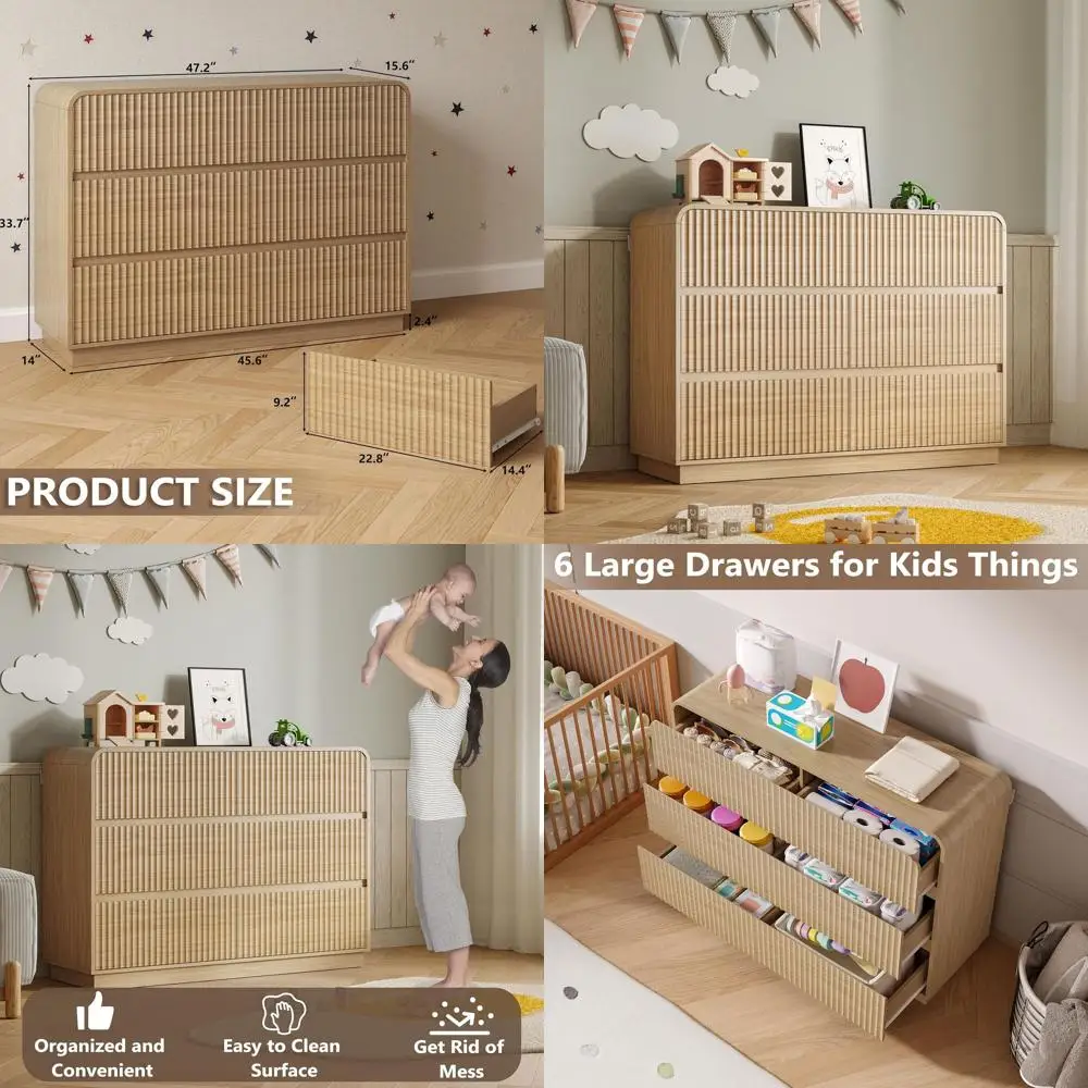 

6-Drawer Chest with Rounded Edges, Concealed Handles, and Wooden Storage for Bedrooms, Nurseries, and Living Spaces