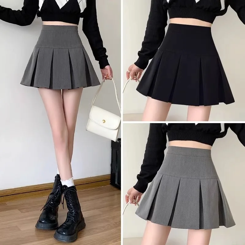 

Faionable High Waist Pleated Skirt Zipper ort A-Line Skirt Versatile Women's Clothing Korean Sle Commute Polyester