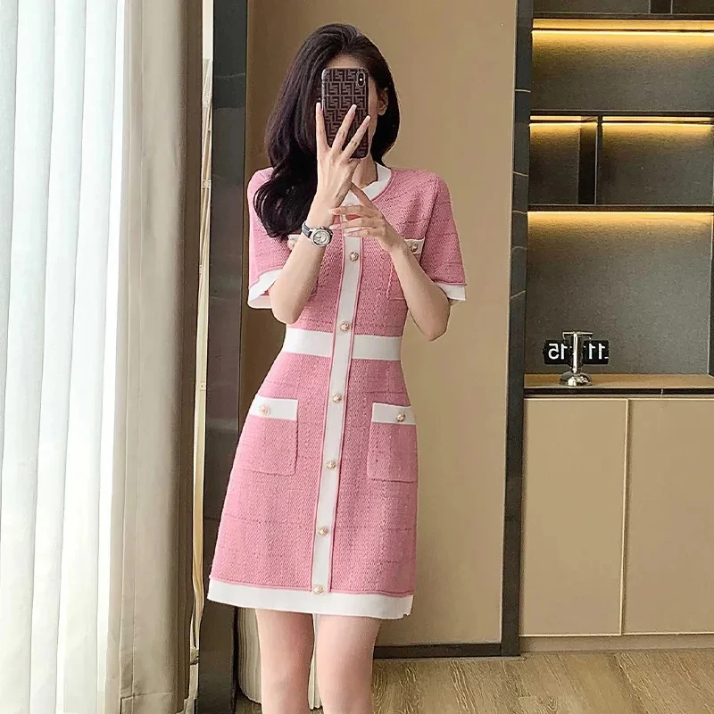 2023 Summer New Vintage Sweet Short Sleeve Knitted Ice Silk A-Line Pink Beige Dress Vestidos