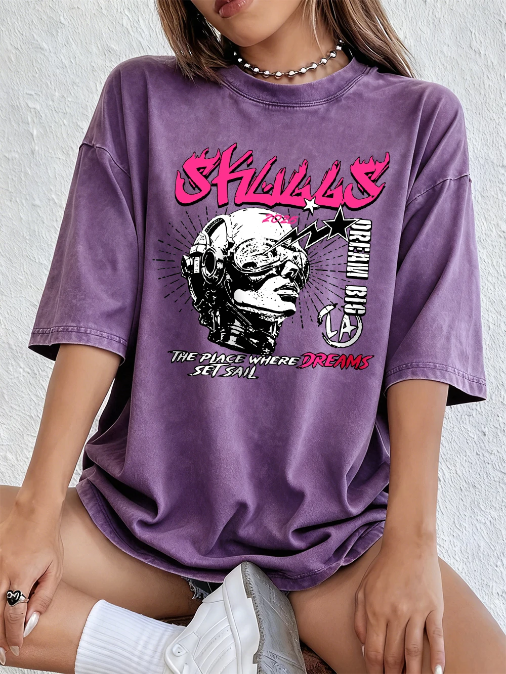 Vintage Astronaut Helmet Prints Washed T-Shirts Womens Cotton Oversize Tees Summer Distressed Short Sleeve Tops O-Neck Clothes