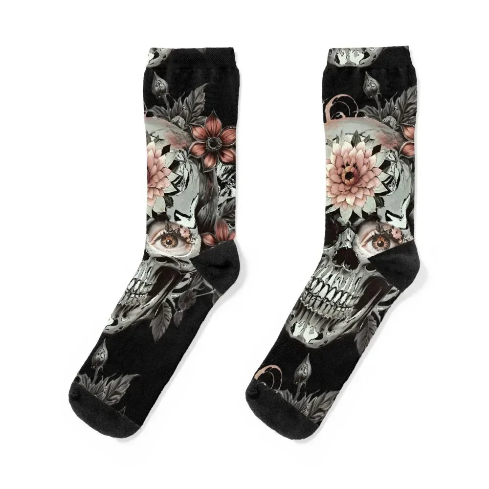 

Classic Peach Floral Goth Skull Vintage Orange Flower Design Socks Stockings halloween Designer Man Socks Women's