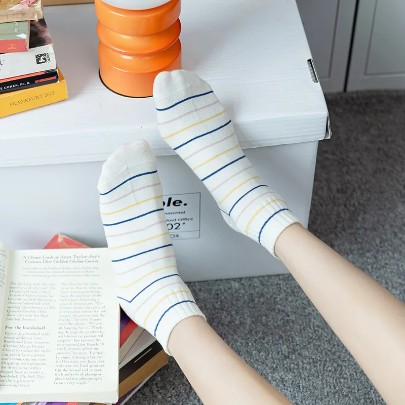 1 Pair Spring Summer Cream Yellow Women's Short Socks Cartoon Rabbit Short Tube Socks Cute Cotton Colored Striped Socks