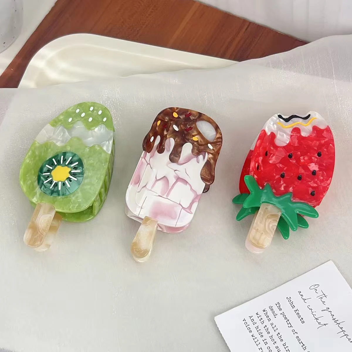 

1pc New Summer Acetate Hairpin Fun Cartoon Strawberry Chocolate Ice Cream Shark Clip Girl's Back Hair Headpiece