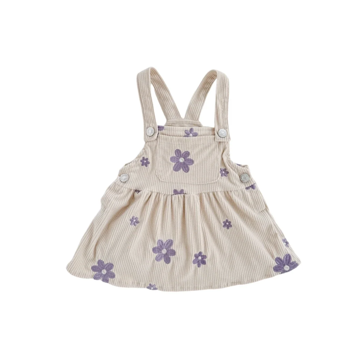 Infant Baby Girls Corduroy Suspender Dress Purple Flower Embroidery Adjustable Strap Pinafore Skirt