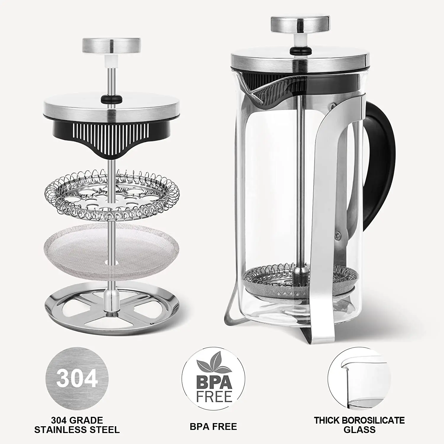 Glass French Press Coffee and Tea Maker Single Serving Coffee Brewer 304 Stainless Steel Coffee Press