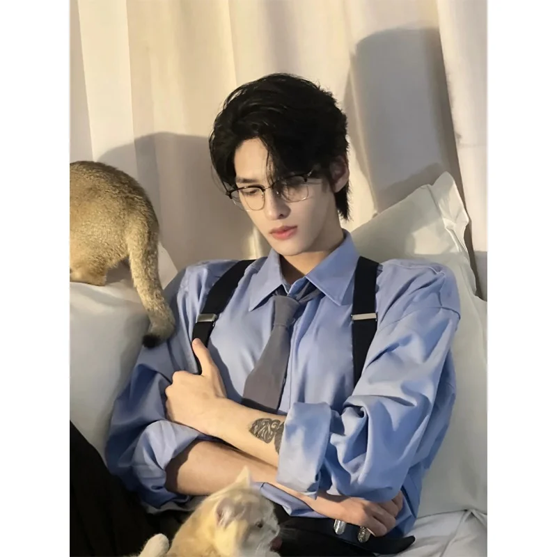 

Синяя повседневная рубашка с длинным рукавом для мужчин, весенне-осенняя верхняя одежда, оверсайз, комфортная, молодежная, трендовая, с квадратным воротником