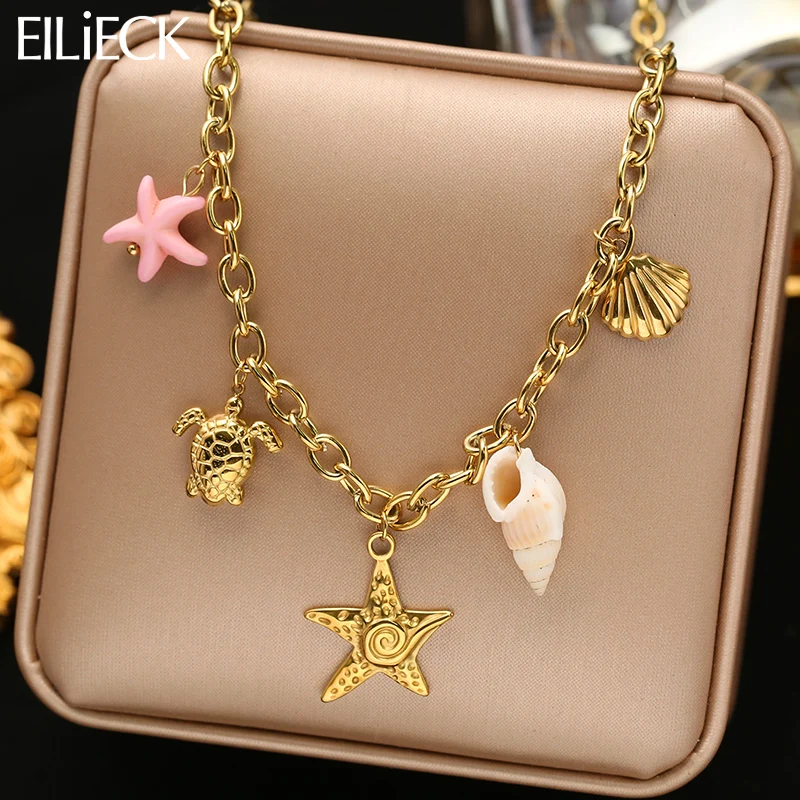 

EILIECK 316L Stainless Steel Gold Color Starfish Turtle Pendant Necklace Trendy Handmade Neck Chain Waterproof Jewelry for Women