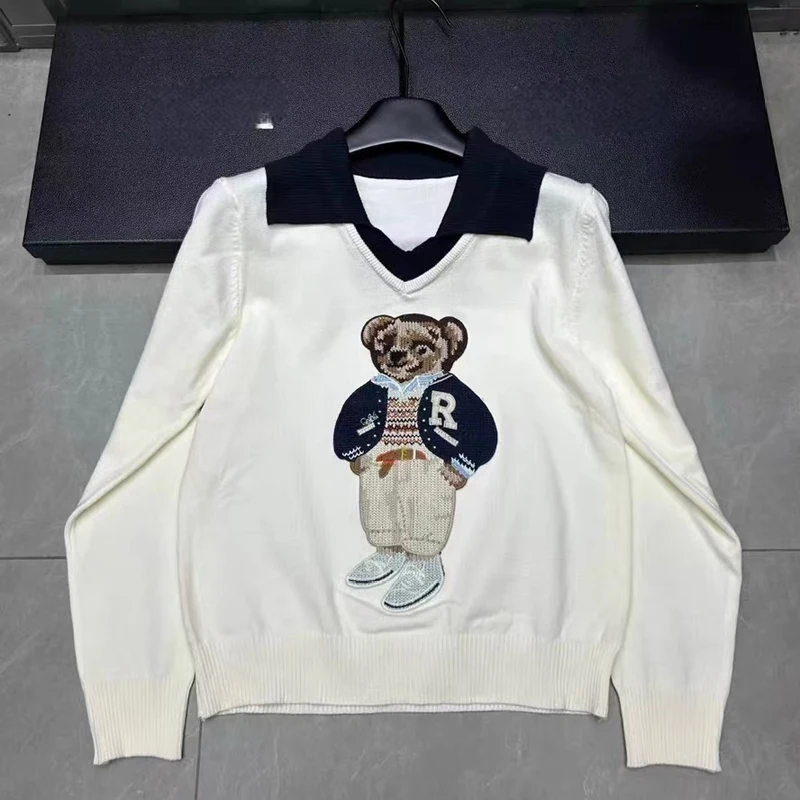 

Bear Knit Sweater Pullover Women Jacquard Knitwear 2025 Autumn Winter Fashion Designer O-Neck Long Sleeve Casual Tops Female
