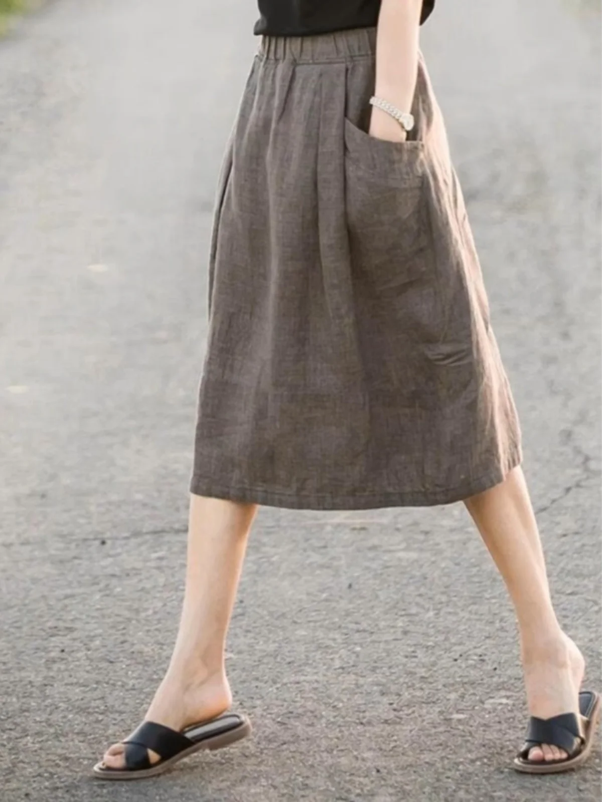 

Retro Cotton Linen A-Line Midi Skirt Women's High Waist Loose Slimming Casual Elastic Waist Linen f-length Skirts