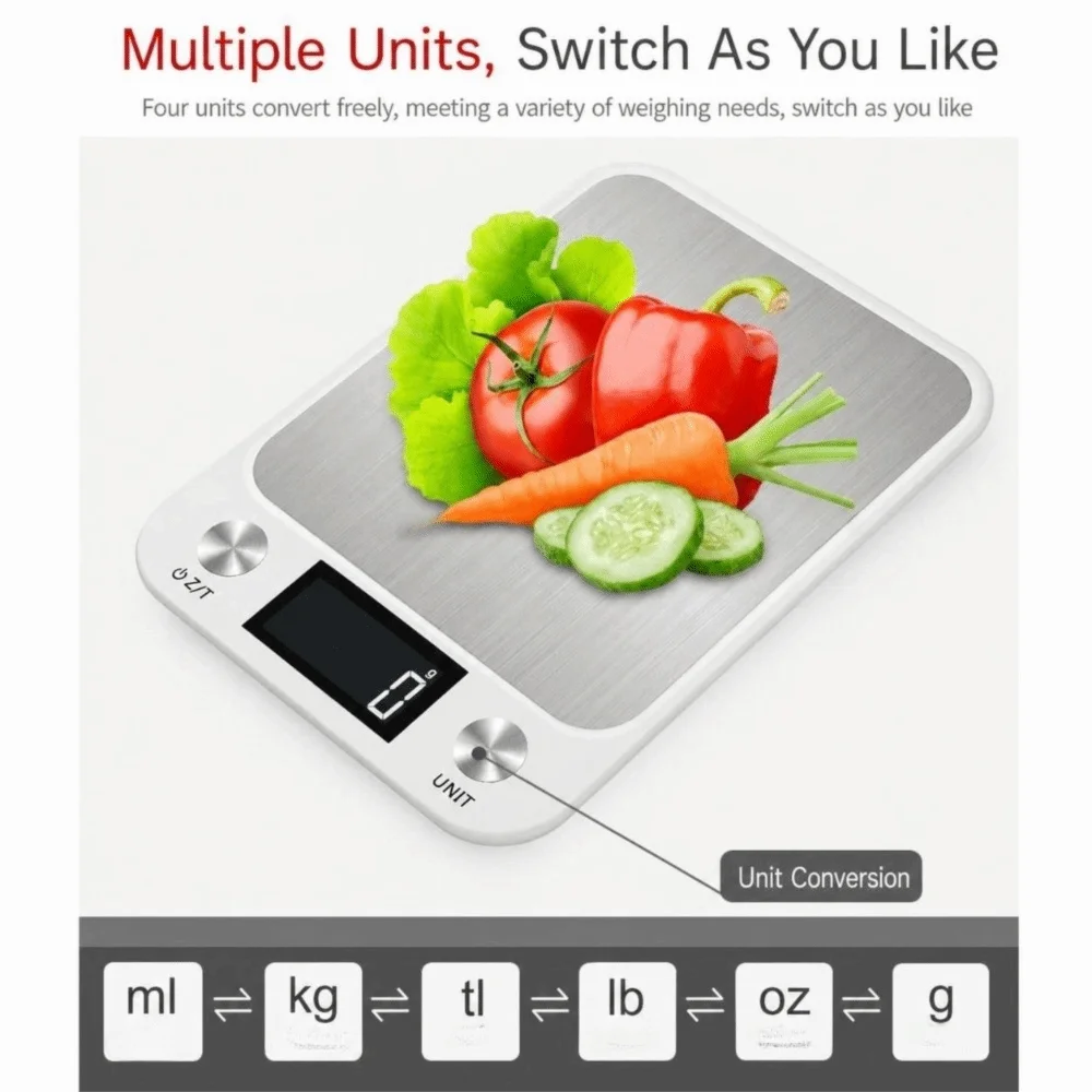 ABS Stainless Steel Top Digital Kitchen Scale White SIlver LCD Display Food Scale 10kg/1g 6 Weighing Units Baking Scale
