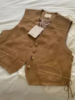 女性のヒッピーのフェイクスエードウエストコート、ノースリーブベスト、70年代のコート