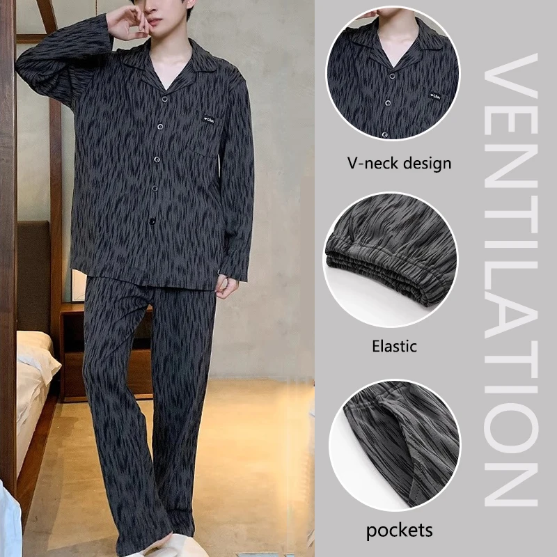 High-Grade Cotton Pyjamas Men's Autumn Winter Long-Sleeved Big Yards Outside the Cardigan Homewear Plaid Sleepwear Man2PCS/Set