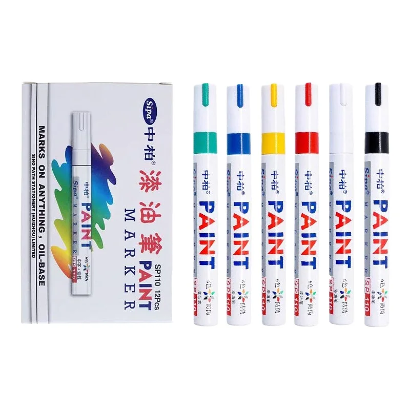 12pcs Sipa Paint Pen White SP110 Oily Touch Up Marker Waterproof Black Tire Letter Scratch Repair Furniture Graffiti DIY Colored