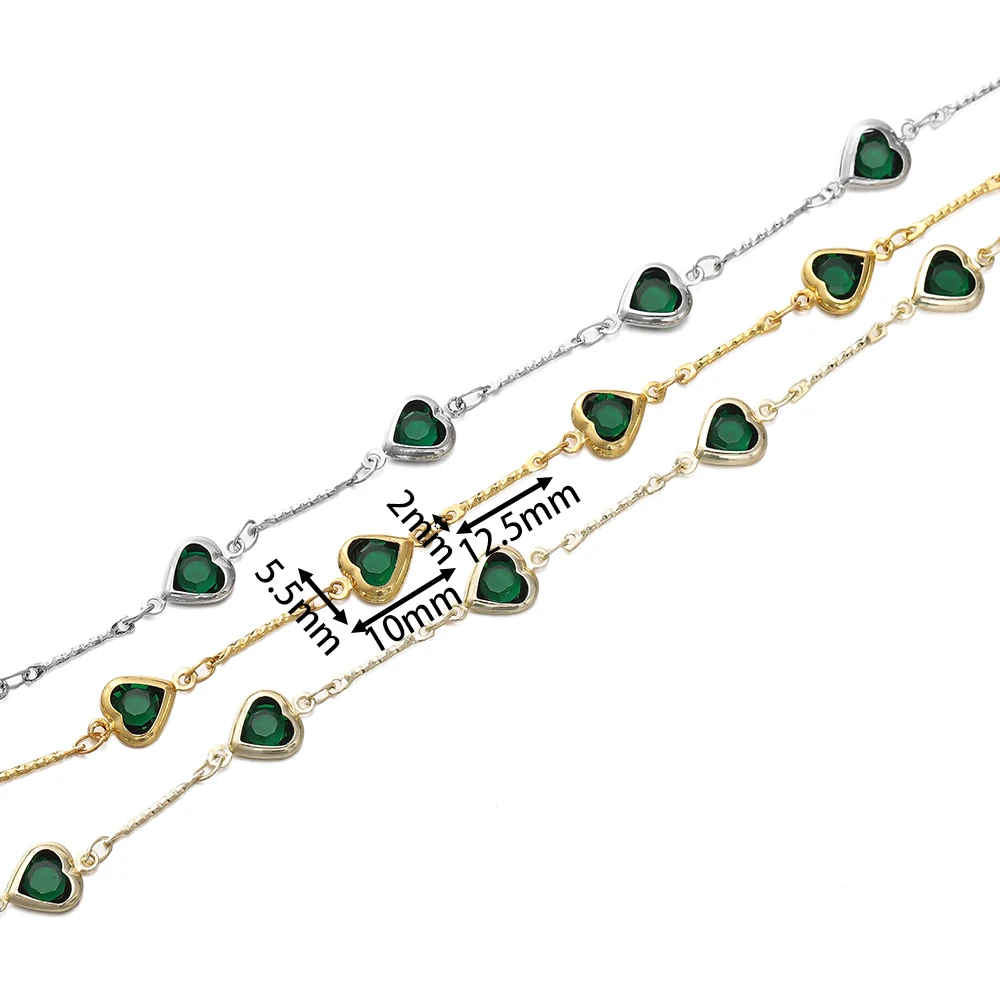 1Meter Green Color Glass 14K 18K Gold Color Plated Brass Heart Shape Necklace Gold&Silver Chains DIY Jewelry Making Accessories