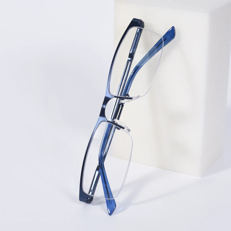 Blaue Retro-Quadrat-Halbrahmen-Lesebrille für Männer und Frauen, Legierung, Anti-Blaulicht-Brille mit Federscharnier +125+1