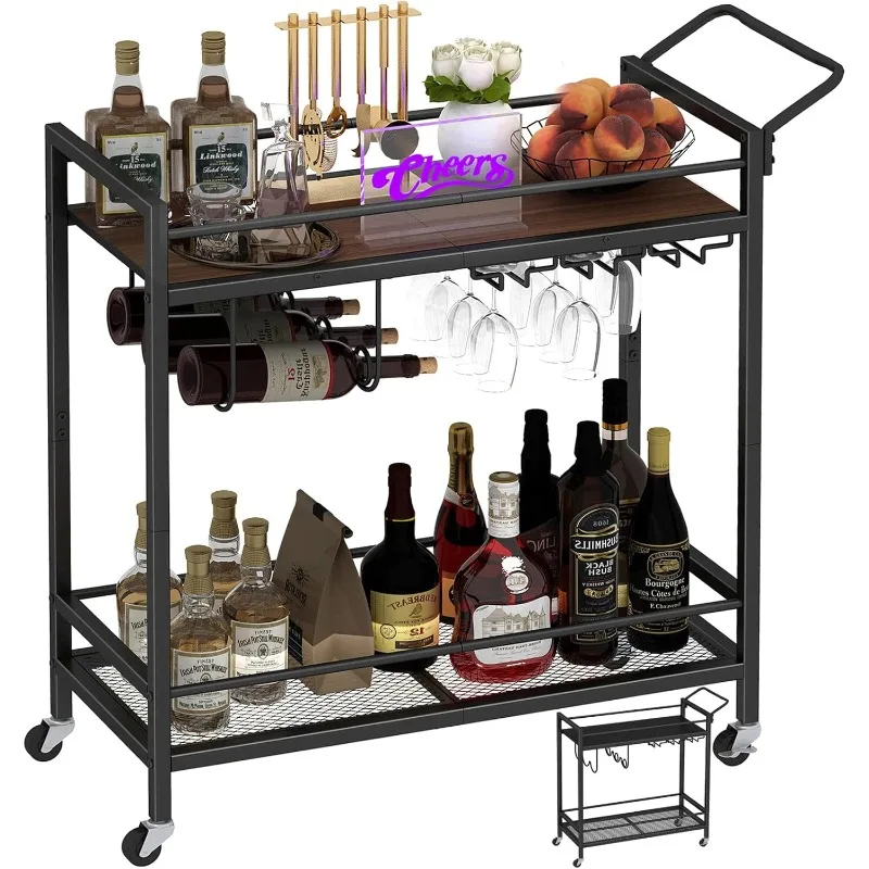 

Bar Cart, Two-Color Home Bar Serving Cart, Mobile Drink Beverage Cart with 2 Storage Shelves, Rolling Kitchen Cart wit