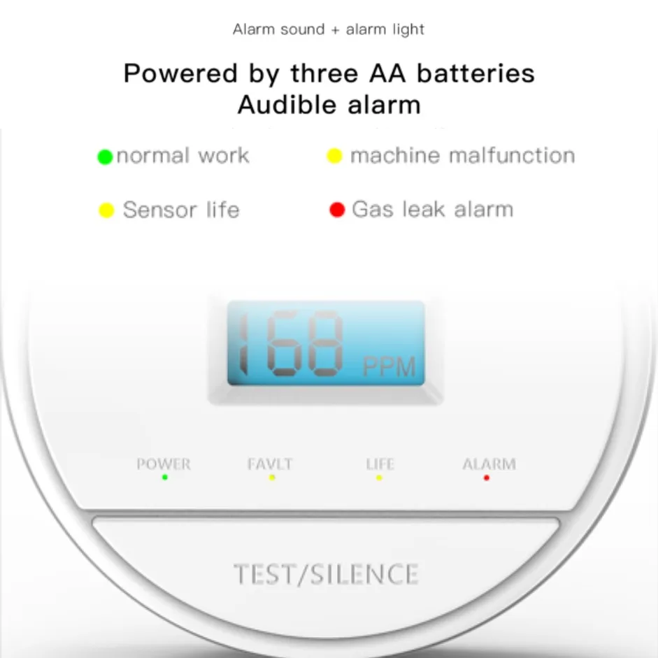 Alat Pengatur Deru Karbon Monoksida Nirkabel 433, Detektor Gas Alam, Alat Pengatur Deru Suara dan Cahaya Decibel Tinggi (70 dB) di Tempat, Tampilan LCD