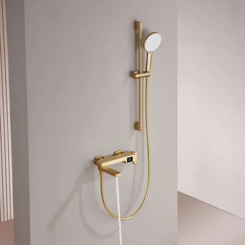 

Настенный смеситель для ванной комнаты, пистолет, серый, складной, латунный материал, набор смесителей для душа с цифровым дисплеем, горячая и холодная вода