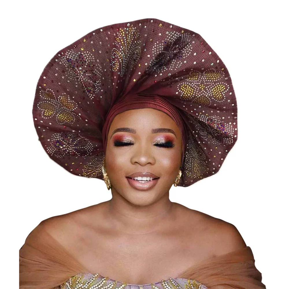 Gele automático africano para boda tradicional Nigerial Aso Oke Fan Shap Headwear